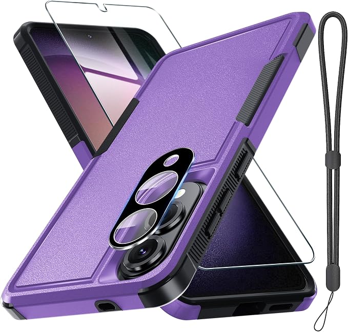 RMOCR Case for Samsung Galaxy S25 Edge, Full Body Heavy Duty Rugged Shockproof Protective Phone Cover with Lanyard Strap, Tempered Glass Screen Protector and Camera Lens Cover, Lavender