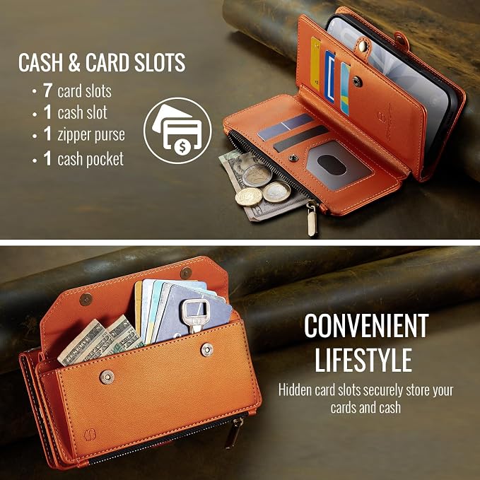 Strapurs Wallet Case Compatible with iPhone 16 6.1" RFID Blocking 7-Card Holder Soft PU Leather Magnetic Snap Shoulder Strap Zipper Pocket Phone Case Fit for iPhone 16 for Women - Orange