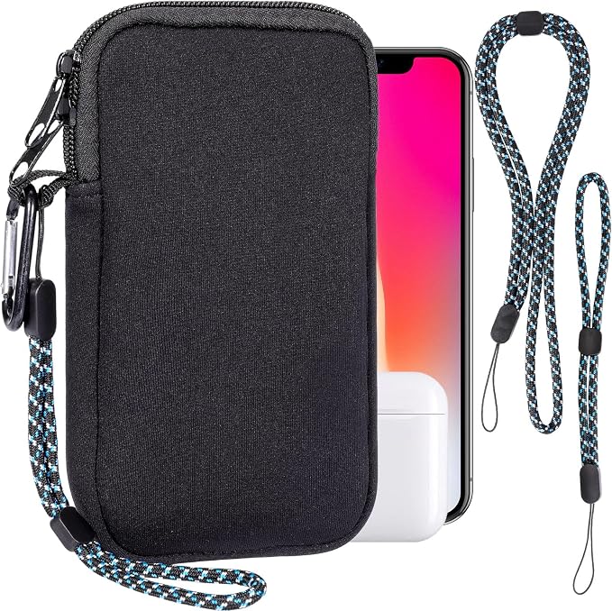 Pwsap Phone Sock, Universal Shock & Impact Resistant Neoprene Pouch with Carabiner and Lanyard Strap Sleeve Case for Hiking & Travelling Phone Bag Fits Phones up to 7 Inches, Black, L