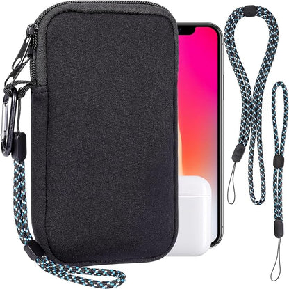Pwsap Phone Sock, Universal Shock & Impact Resistant Neoprene Pouch with Carabiner and Lanyard Strap Sleeve Case for Hiking & Travelling Phone Bag Fits Phones up to 7 Inches, Black, L