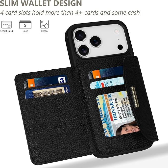 Keallce Wallet Case for iPhone 17 Pro Max 6.9'', Flip Case with RFID Blocking Card Holder Slots Kickstand, PU Leather Protective Folio Cover for Women, Black