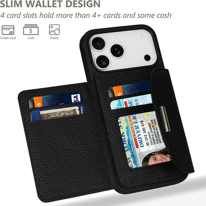 Keallce Wallet Case for iPhone 17 Pro Max 6.9'', Flip Case with RFID Blocking Card Holder Slots Kickstand, PU Leather Protective Folio Cover for Women, Black