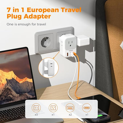 TESSAN US to European Plug Adapter 2 Pack, Type C Travel Adapter with Multi Outlets and USB Ports, Power Adaptor for USA to Europe EU Italy, Type C Foldable Plug