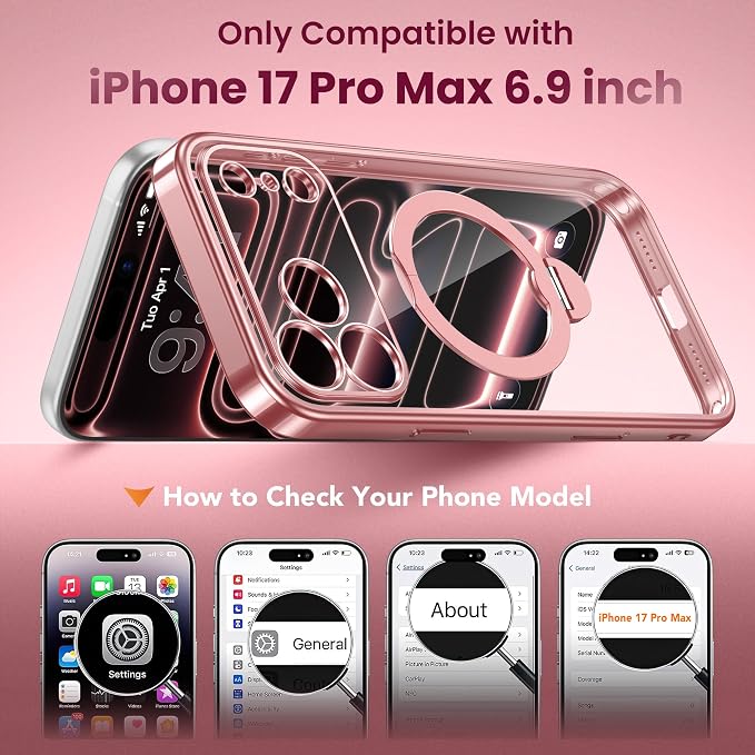 GolbinBox for iPhone 17 Pro Max Case with 360° Spin Magnetic Stand,[Compatible with Magsafe] [Military Protection][Built-in Ring Holder] Camera Control Phone Case for 17 Pro Max,Pink/Clear