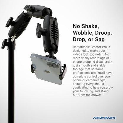 ARKON Mounts Phone Holder Full Kit - Adjustable Overhead Arm Cell Phone Table Top Stand and Tablet Mount with Ring Light - Professional Holders for Horizontal or Vertical Filming