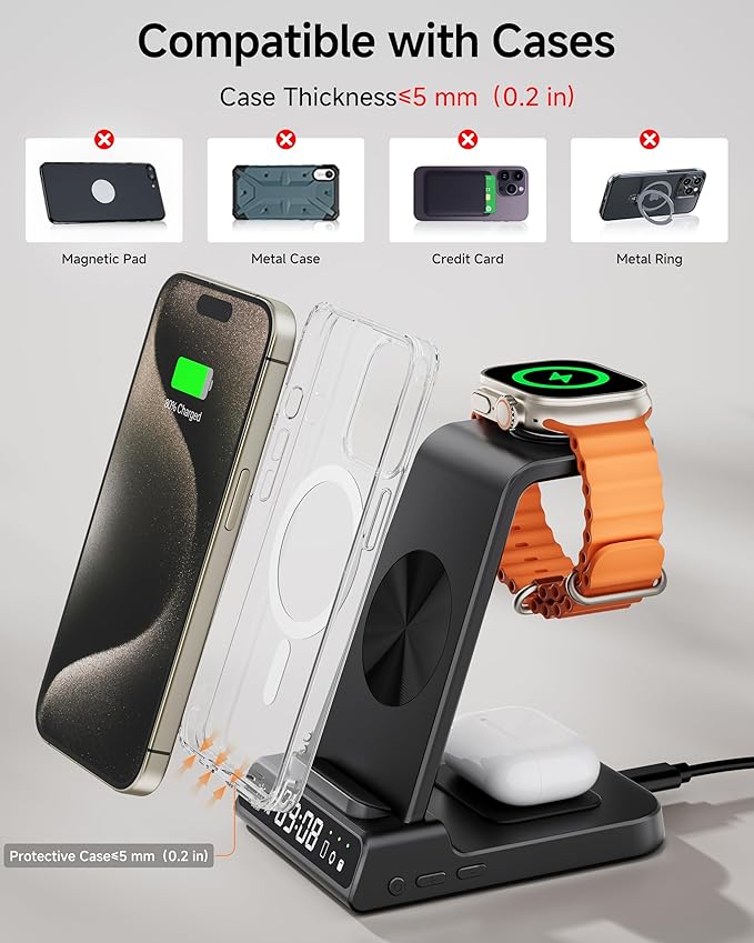 Wireless Charger for iPhone 17, 3 in 1 Charging Station for Apple Watch Watch 11/10/9/8/7/6/5, Ultra 3/SE 3, for iPhone 17/16/15/14/13/12/11/X Series, for Air Pods Pro 3/4/Pro 2 (No Adapter)