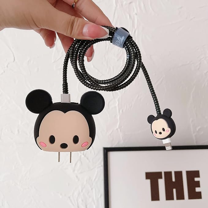 3D Cute Cartoon Charger Protector Case - Compatible for Apple 20W USB-C Power Adapter and Lightning Cable (Black MouseA)