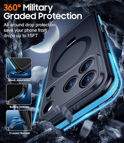Temdan Magnetic Compatible with iPhone 17 Pro Case,Waterproof Built-in Screen & Camera Protector IP68 Underwater Full Body 17FT Military Dropproof Shockproof Phone Case 6.3"-Blue/Black