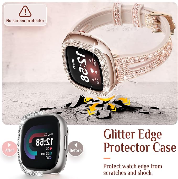 Bling Thin Band for Fitbit Sense/Fitbit Versa Bands for Women - Silicone Glitter Strap Accessories Compatible with Fitbit Sense 2/Versa 4 (Rose Gold)