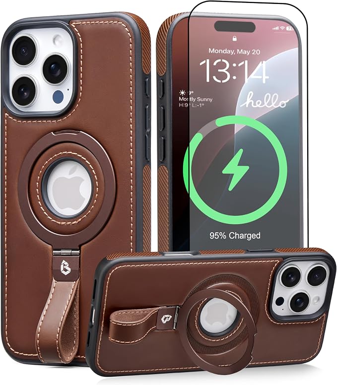 for iPhone 16 Pro Max Leather Case with Stand, Anti-Slip Grip Ring, Fits for MagSafe (Cocoa, iPhone 16 Pro Max)