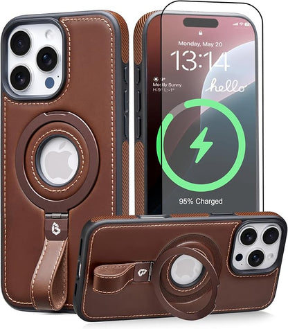 for iPhone 14 Pro Max Leather Case with Stand, Anti-Slip Grip Ring, Fits for MagSafe (Cocoa, iPhone 14 Pro Max)