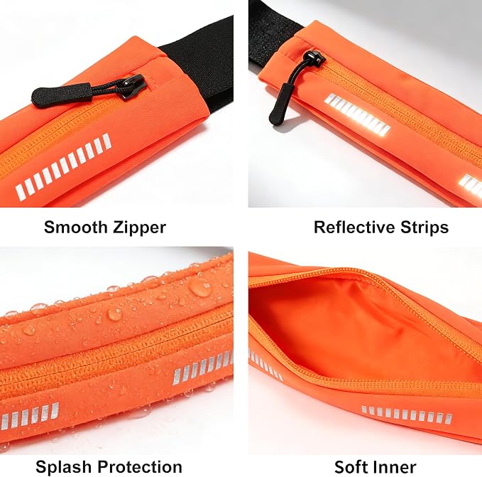 Slim Running Belt For Men and Women Waist Fanny Pack Phone Holder Pouch Bag Reflective Zipper Pocket Workout Cycling Fitness Orange