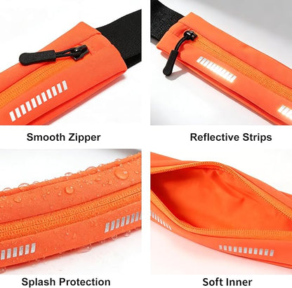 Slim Running Belt For Men and Women Waist Fanny Pack Phone Holder Pouch Bag Reflective Zipper Pocket Workout Cycling Fitness Orange