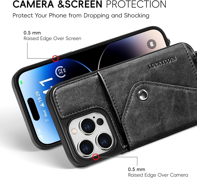 LUCKYCOIN for iPhone 14 Pro Crossbody Wallet Case – Genuine Leather Phone Purse with Adjustable Strap and Card Holder,Lanyard Phone Purse Case for Women,Vintage Black