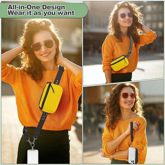 YFWE Clip and Go Strap for Phone with Wallet Crossbody, Adjustable Phone Lanyard with Detachable RFID Wristlet Wallet & Ultra-Thin 360° Rotatable Metal Tabs for All Smartphones (Yellow)