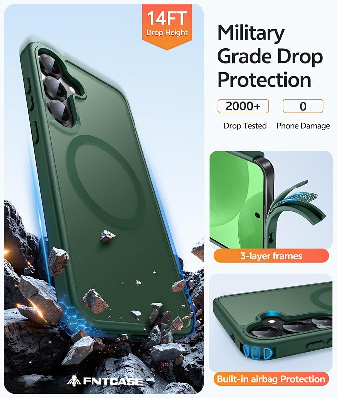 FNTCASE for Samsung Galaxy S25/S24 Case, Fit for Magsafe, Screen Protector | Translucent Matte Magnetic Back, 14FT Military Grade Drop Protection, Shockproof Protective Phone Cover, Green