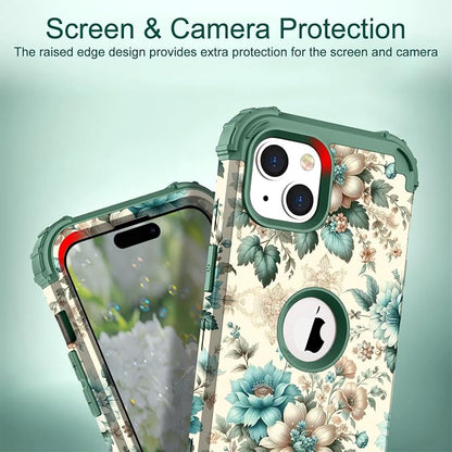 Hocase for iPhone 15 Case, Heavy Duty Shockproof Protection Soft Silicone Rubber Bumper+Hard Plastic Hybrid Protective Case for iPhone 15 (6.1" Display) 2023 - Teal Blue Flowers
