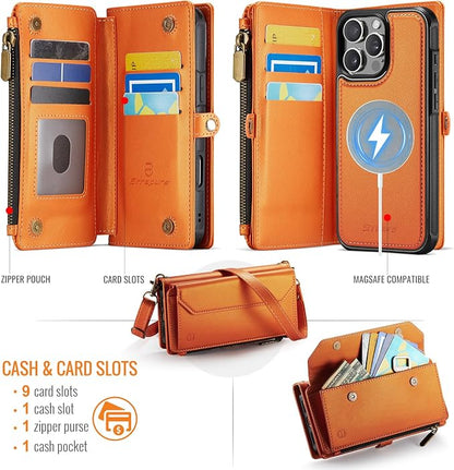 Strapurs for iPhone 16 Pro Max Detachable Wallet Case Compatible with Magsafe, RFID Blocking 9-Card Holder Zipper Strap Lanyard PU Leather Magnetic Phone Case for iPhone 16 Pro Max 6.9", Orange