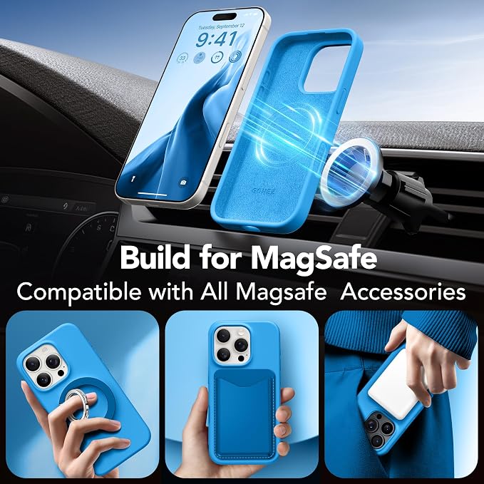 GONEZ Magnetic for iPhone 16 Pro Max Case, Compatible with MagSafe, Liquid Silicone Case, with Screen Protector + Camera Protector, Full Body Protective Shockproof Phone Cover 6.9", Wave Blue