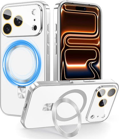 Magnetic for iPhone 17 Pro Case with Ring Stand, Fits MagSafe, with Built-in Camera Cover, Slim Electroplated Shockproof Phone Case, Silver