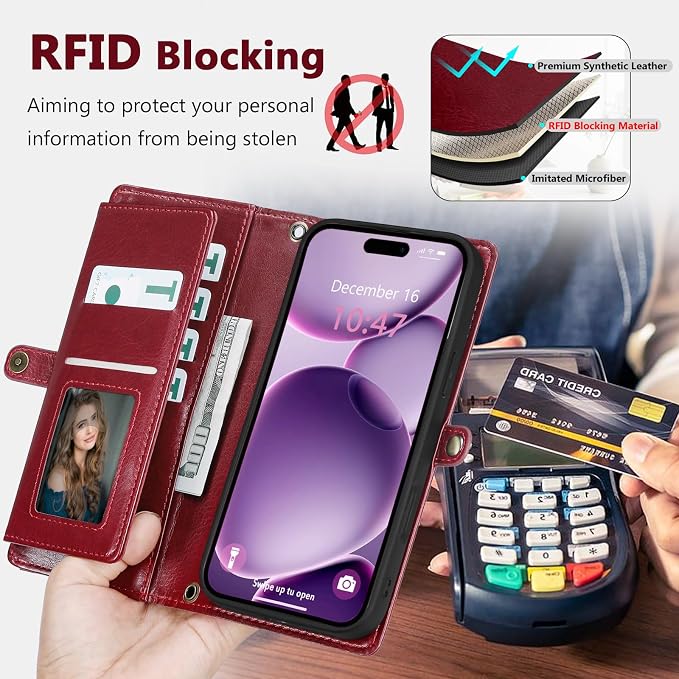 Wallet Case for iPhone 16 Plus with Card Holder/Crossbody Wallet/Strap| RFID Blocking | Magnetic | Kickstand | Detachable | PU Leather Phone Case for iPhone 16 Plus,6.7 in,Wine Red