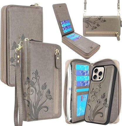 Lacass for iPhone 16 Pro Max 6.9 inch 2024 Wallet Case, Crossbody Dual Zipper Detachable Magnetic Leather Wallet Case Cover Wristlets Wrist Strap 13 Card Slots Money Pocket (Floral Gray)