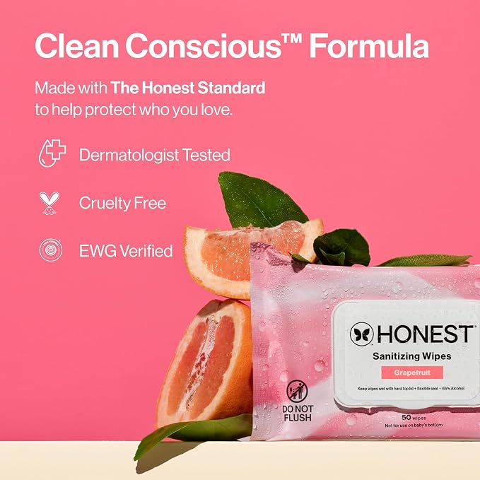 The Honest Company Grapefruit Grove Sanitizing Wipes, Kills 99.99% of Germs, Safe for All Hands, Antibacterial, Dermatologist Tested, 50 Count