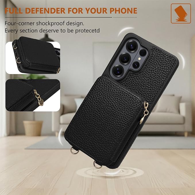Keallce Wallet Case for Samsung Galaxy S26 Ultra 6.9",Crossbody Zipper Purse with RFID Blocking Card Slots Kickstand, Lanyard & Handstrap Flip Folio Leather Phone Cover for Galaxy S26 Ultra, Black