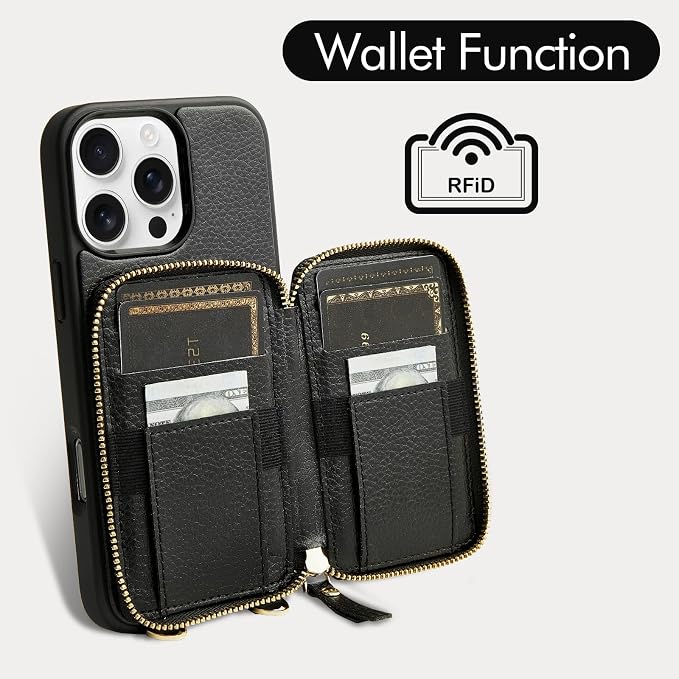 ZVE for iPhone 16 Pro Max Wallet Case, Zipper Crossbody Case with Wrist Strap Card Holder Protective Cover for Women for iPhone 16 Pro Max 6.9" Black