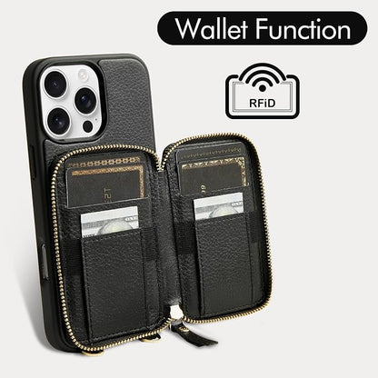 ZVE for iPhone 16 Pro Max Wallet Case, Zipper Crossbody Case with Wrist Strap Card Holder Protective Cover for Women for iPhone 16 Pro Max 6.9" Black
