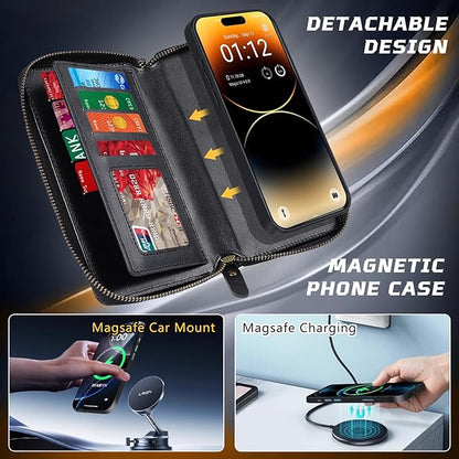 Lacass for iPhone 17 Detachable Crossbody Wallet Case, Compatible with MagSafe Magnetic 2 in 1 RFID Blocking PU Leather Wallet Cover Card Holder Zipper Make Up Mirror (Black)