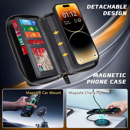 Lacass for iPhone 16e/17e Detachable Crossbody Wallet Case, Compatible with MagSafe Magnetic 2 in 1 RFID Blocking PU Leather Wallet Cover Card Holder Zipper Make Up Mirror (Black)