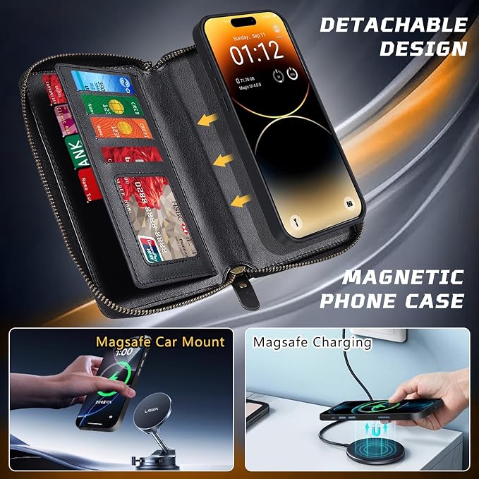 Lacass for iPhone 16 Detachable Crossbody Wallet Case, Compatible with MagSafe Magnetic 2 in 1 RFID Blocking PU Leather Wallet Cover Card Holder Zipper Make Up Mirror (Black)