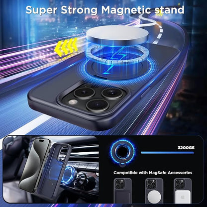 CACOE Magnetic Case for iPhone 15 Pro 6.1 inch with 360° Rotatable Ring Stand,Compatible with MagSafe Car Phone Mount,Cover Phone Holder for Desk Meeting Dark Blue