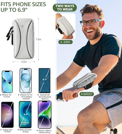 HiRui Arm Bag & Wrist Bag Phone Holder, Sports Running Armband for Gym, Cycling & Workout, Compatible with iPhone 17/16/15 Series, Samsung Galaxy & More, Reflective, Adjustable, Secure Fit (Gray)