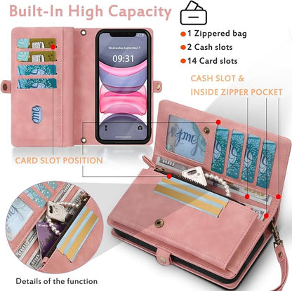 for Wallet Case Compatible with iPhone 12,Multi-Function Detachable 2 in 1 Magnetic iPhone 12 Case Wallet,Flip Strap Zipper Card Holder Phone Case with Shoulder Straps (Pink)