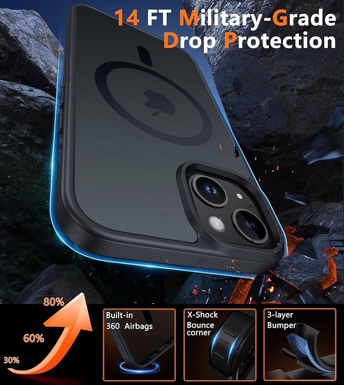 FNTCASE for iPhone 13/14 Phone Case: iPhone 16e Magnetic Translucent Matte Back Cover Metal Button Military Grade Protection Shockproof Shell Full Body Protective Slim Cell Phonecase