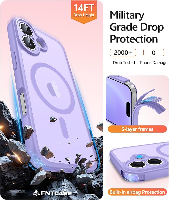 FNTCASE for iPhone 16 Case: [Compatible with Magsafe] Translucent Matte Cases with [Full Camera Protection] [Screen Protector] Military Grade Shockproof Protective Phone Cover - Light Purple