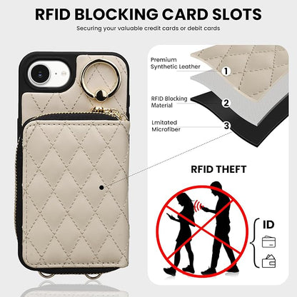 Keallce for iPhone 17e 6.1'' Wallet Case, Crossbody Zipper Purse with Wristlet for Women, RFID Blocking Card Holders, 360° Ring Kickstand Flip Leather Case for iPhone 16e 2025 2026 Beige