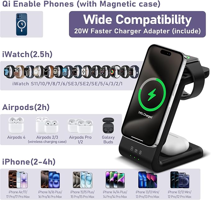 3 in 1 Wireless Charging Station: 5000mAh Removable Power Bank Charger Stand for Phone/Watch/Air Pods - Portable Magnetic Battery Pack for Air 17 16 15 14 13 12 Series
