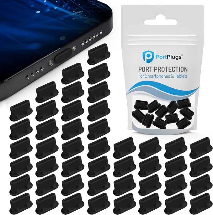 PortPlugs USB C Dust Plugs Keep Charging Ports Clean for iPhone 15 16 17, Kindle, Samsung, Pixel, MacBook and Android Devices | 50 Pack Port Cover Set with Cleaning Brush (Black)