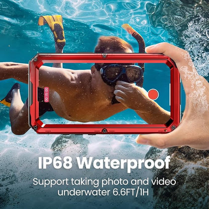 Mitywah Waterproof Case for iPhone 16e and for iPhone 17e, Shockproof Heavy Duty Case with Built-in Screen Protector, Underwater Full Body Protective Metal Case 6.1 inch, Red