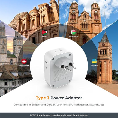 TESSAN Switzerland Travel Plug Adapter, Type J Plug, 2 Pack | 4 Outlets, 3 USB Charging Ports (1 USB C PD 20W), US to Switzerland, Liechtenstein, Rwanda