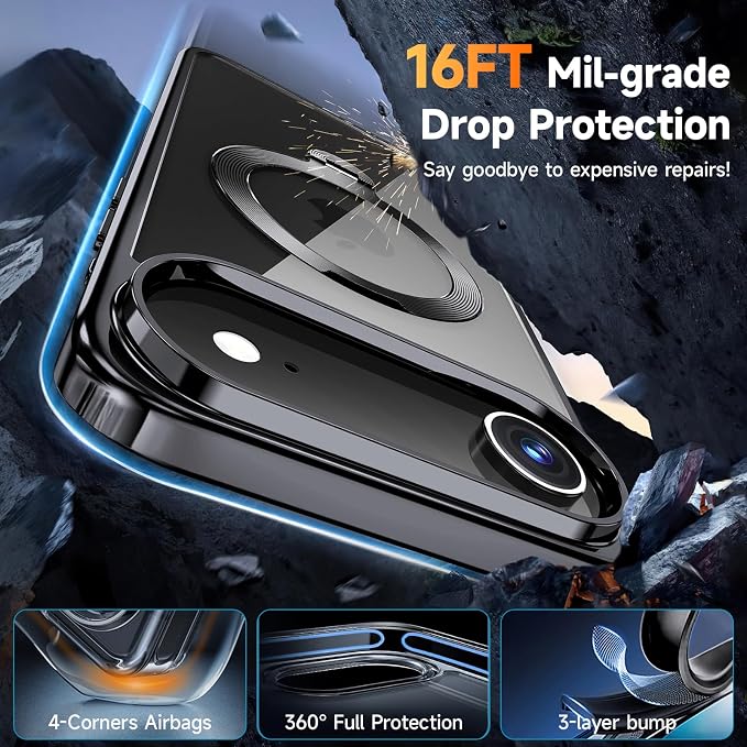 [Tri-Shield Protection] for iPhone Air Case with 360° Spin Stand Compatible with MagSafe [Magnetic CD Ring] [Screen & Camera Lens Protector] Shockproof Plating Never-Yellowing, Black-6.5"
