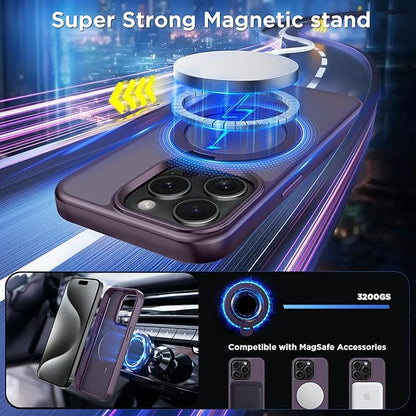 CACOE Magnetic Case for iPhone 15 Pro 6.1 inch with 360° Rotatable Ring Stand,Compatible with MagSafe Car Phone Mount,Cover Phone Holder for Desk Meeting Dark Purple