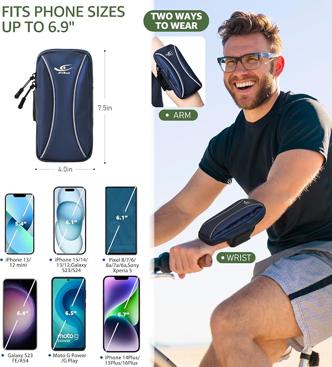 HiRui Arm Bag & Wrist Bag Phone Holder, Sports Running Armband for Gym, Cycling & Workout, Compatible with iPhone 17/16/15 Series, Samsung Galaxy & More, Reflective, Adjustable, Secure Fit (Blue)