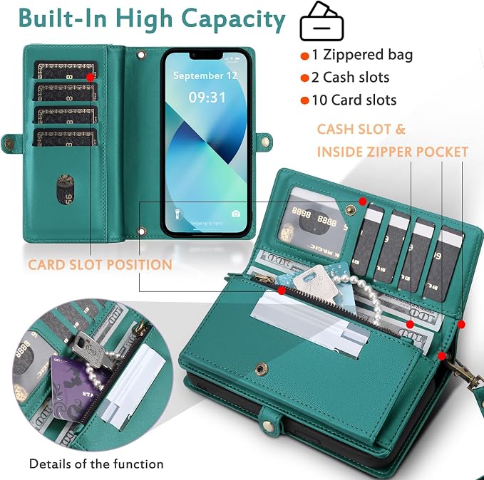 for Wallet Case Compatible with iPhone 13,Multi-Function Detachable 2 in 1 Magnetic iPhone 13 Wallet,Flip Strap Zipper Card Holder Phone Case with Shoulder Straps (Green)