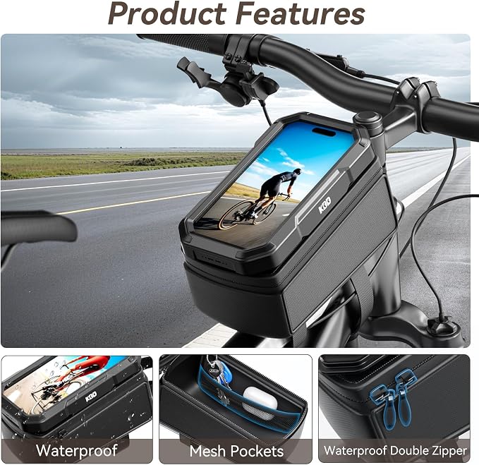 KDD Bike Front Frame Bag with Waterproof Phone Holder, Mountain Cycling Storage Pouch, Handlebar Bag with Phone Mount, Bicycle Accessories for Top Tube, Fit for iPhone 17 Pro Max, Cellphone Under 7''