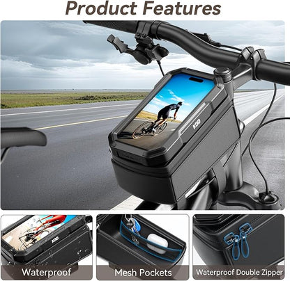 KDD Bike Front Frame Bag with Waterproof Phone Holder, Mountain Cycling Storage Pouch, Handlebar Bag with Phone Mount, Bicycle Accessories for Top Tube, Fit for iPhone 17 Pro Max, Cellphone Under 7''