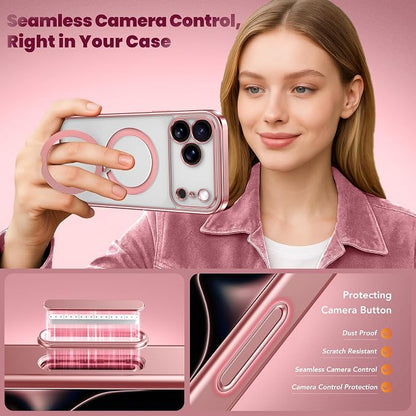 GolbinBox for iPhone 17 Pro Max Case with 360° Spin Magnetic Stand,[Compatible with Magsafe] [Military Protection][Built-in Ring Holder] Camera Control Phone Case for 17 Pro Max,Pink/Clear